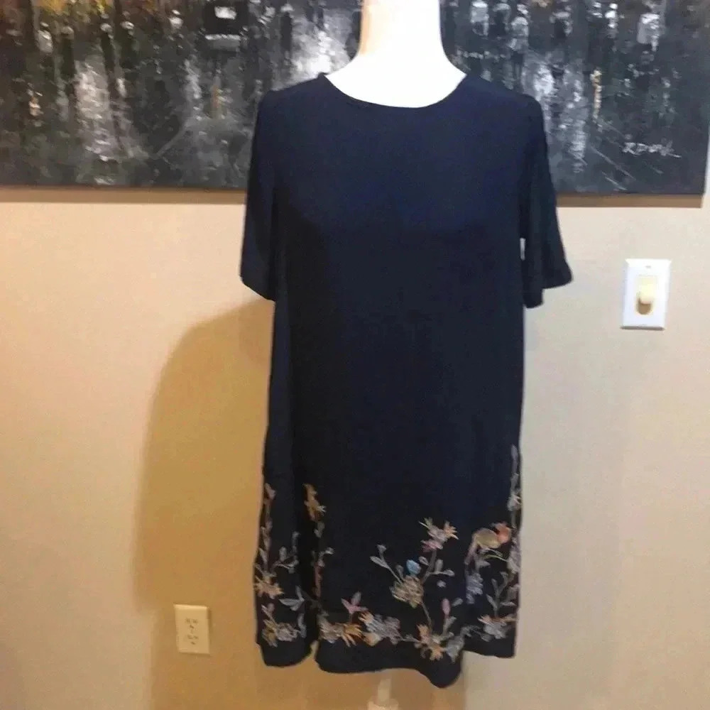 LOFT Embroidered Navy Blue A-Line Sheer Dress, Size XS